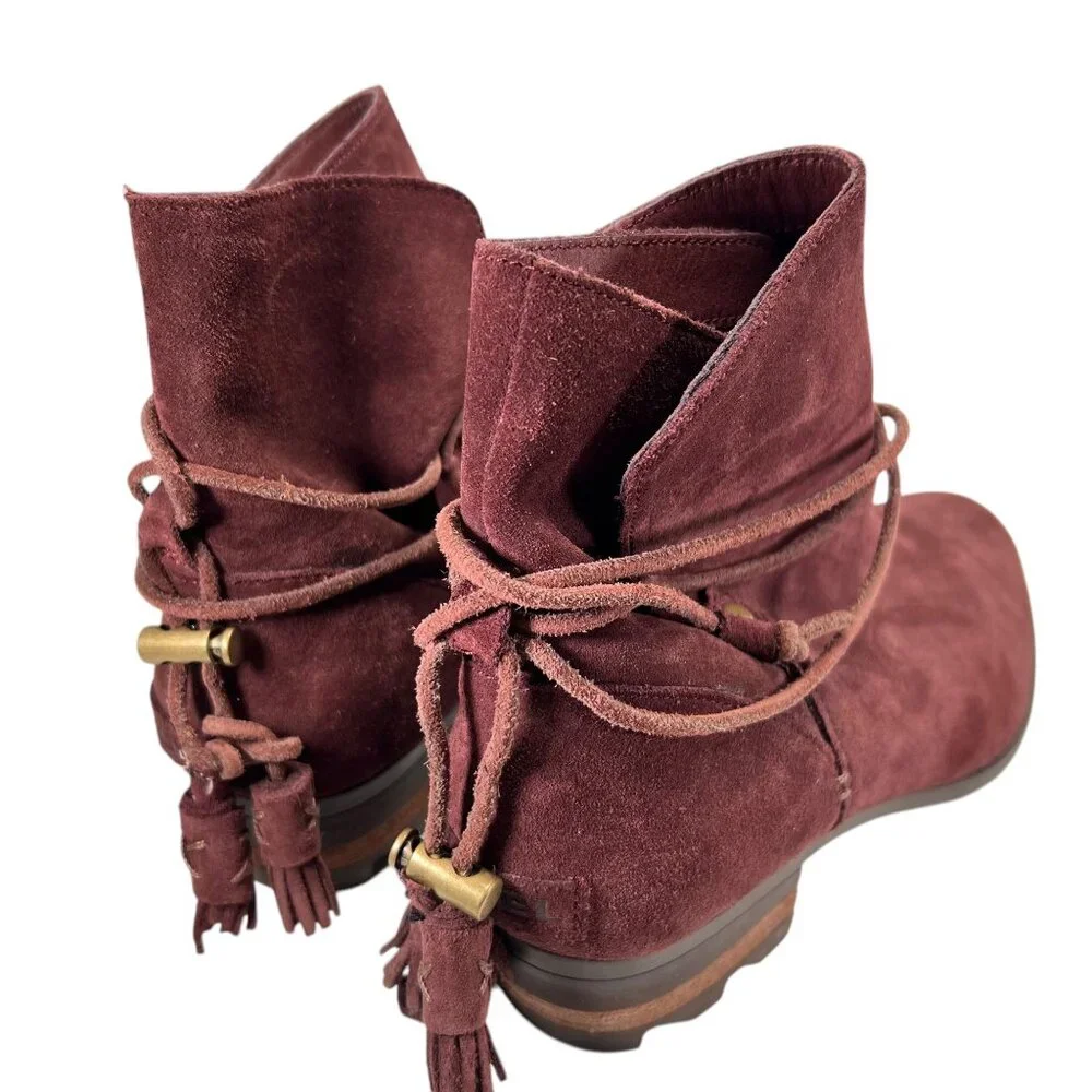 Sorel Womens Burgundy Suede Ankle Boots Wraparound Tassel Laces Low Block Heel - Picture 2 of 16